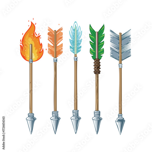 Set of illustrated medieval or fantasy style archery arrows with different fletching designs like fire, magic, leaves, and feathers
