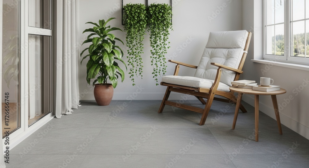 Fototapeta premium Relaxing indoor scene showcasing a comfortable chair with natural light and greenery provides an