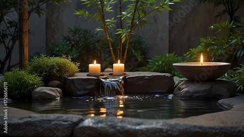 Ultra-realistic Japanese garden water feature, bamboo spout over stone basin with flowing water, lit candles casting warm light, bonsai and green plants surrounding, static fixed frame, 