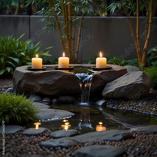 Ultra-realistic Japanese garden water feature, bamboo spout over stone basin with flowing water, lit candles casting warm light, bonsai and green plants surrounding, static fixed frame, 