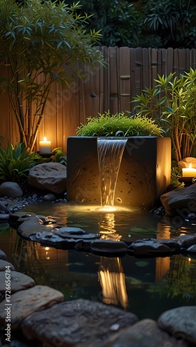 Ultra-realistic Japanese garden water feature, bamboo spout over stone basin with flowing water, lit candles casting warm light, bonsai and green plants surrounding, static fixed frame, 