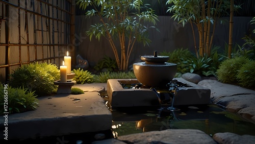Ultra-realistic Japanese garden water feature, bamboo spout over stone basin with flowing water, lit candles casting warm light, bonsai and green plants surrounding, static fixed frame, 