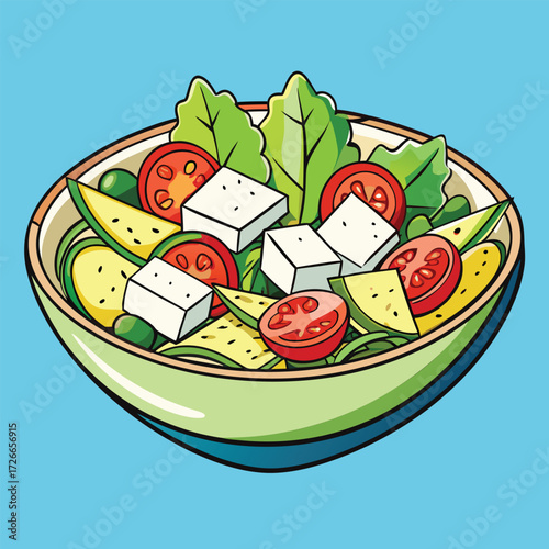 A colorful illustration of a healthy salad in a bowl