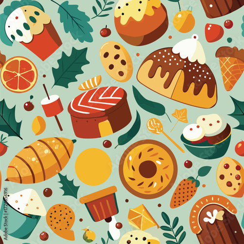 Christmas food pattern with various baked goods