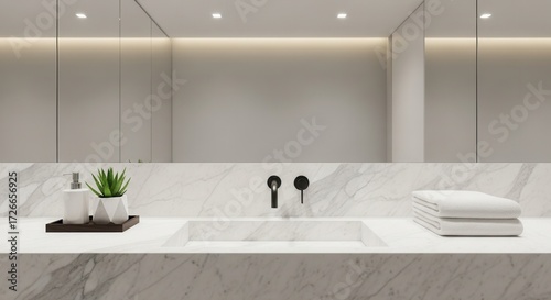 Modern bathroom interior with marble countertop and minimalist design elements for a clean aesthetic