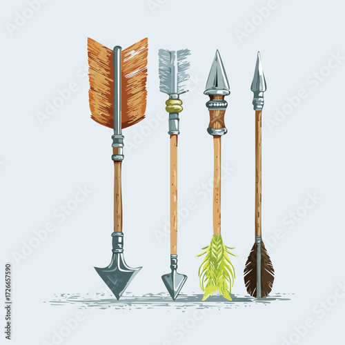 Detailed hand-drawn illustration showcasing a unique collection of four ancient arrows, each intricately designed with various fletching, shaft patterns, and distinct arrowheads