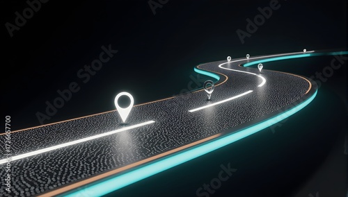 Futuristic Winding Roadmap With Multiple Location Markers