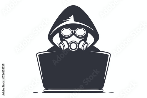 Silhouette portrays a person in a hooded jacket, gas mask, and goggles before a laptop