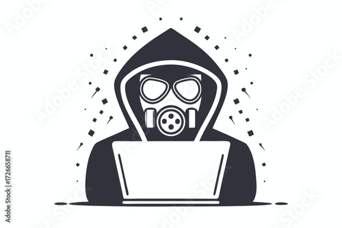 Silhouette person with gas mask using laptop, suggests coding, security, or protection