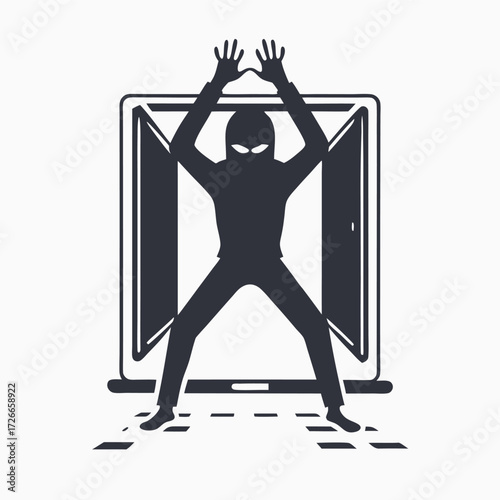 Silhouetted robber emerges from opened screen, symbolizing online security breaches and digital crime