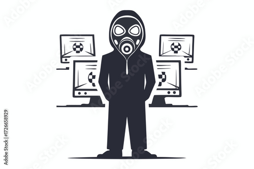 Silhouette shows a hooded person wearing a gas mask at a laptop