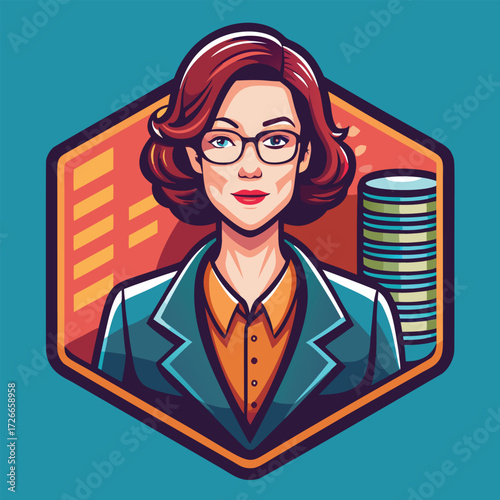 A businesswoman with glasses and reddish brown hair stands in a modern office setting.