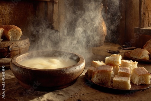 Steaming bowl of porridge, surrounded by bread