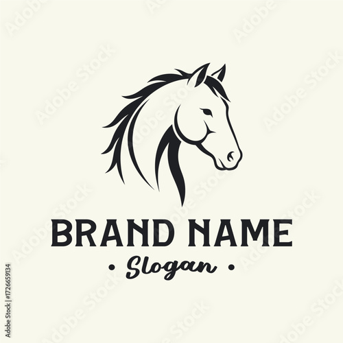 A minimalist black and white logo featuring a horse's head with the text "BRAND NAME" and "Slogan" below it.