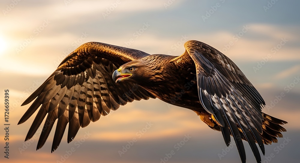 Fototapeta premium Eagle flies at sunset.