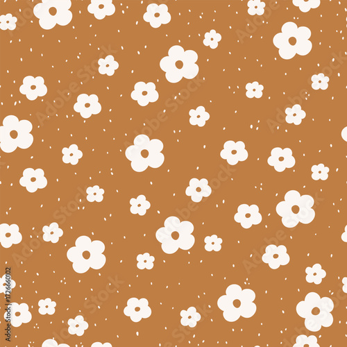 Seamless pattern with white daisy flowers and dots . Hand drawn  flowers different sizes and dots , fall floral pattern.