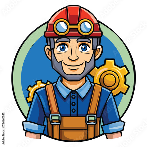 Smiling middle aged male mechanic in work overalls and hardhat