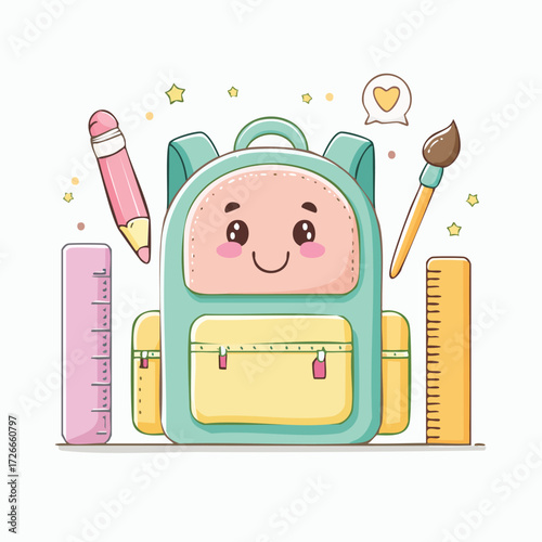 Cute kawaii backpack with a happy face surrounded by school supplies for creative learning and back to school concepts