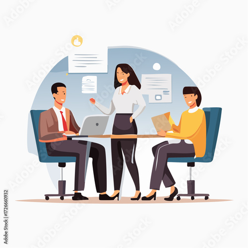 Illustration of a professional business team during a collaborative meeting. Colleagues brainstorming and planning strategy in a modern workplace