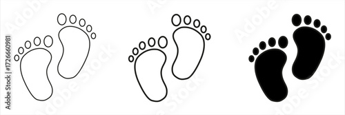 Set of baby footprints icons in three styles: outline, bold outline, and solid black fill. Minimalist vector template isolated on white background. Infant footprint silhouette. Childhood and baby show