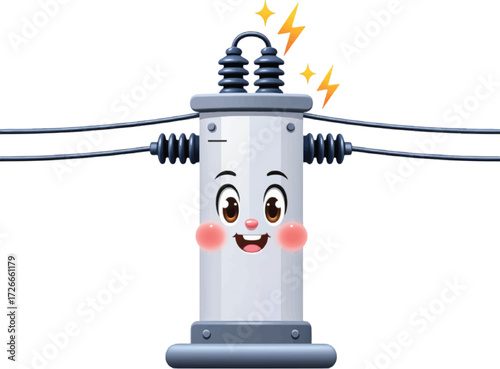 Adorable transformer cartoon character radiating positive energy with electric sparks, perfect for educational materials and children's content about electricity