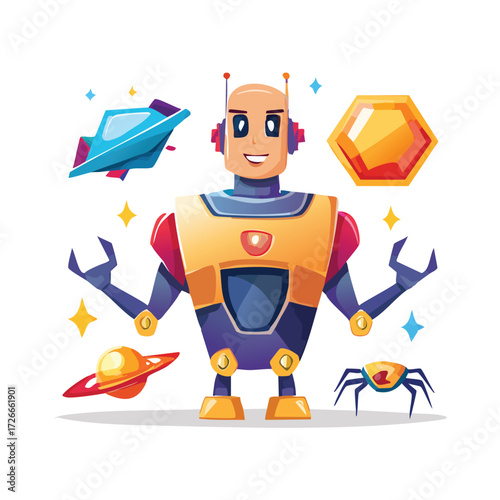 A cheerful futuristic robot mascot surrounded by cosmic objects like a flying saucer, alien planet, and sparkling gem, perfect for technology or gaming concepts