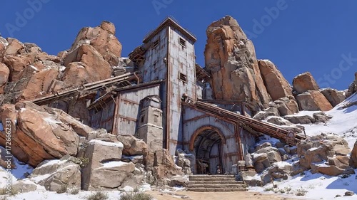 Remote Mining Outpost in Snowy Mountains: A Deserted Industrial Landscape Visual