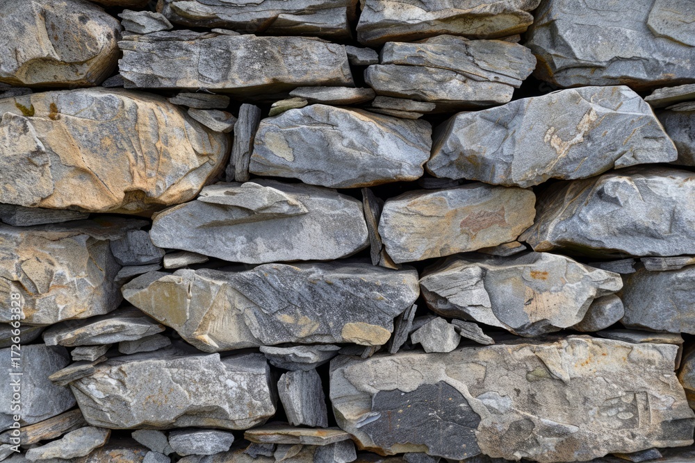 Fototapeta premium Photo of Old grey and brown long stone wall. Background texture for backdrops or mapping