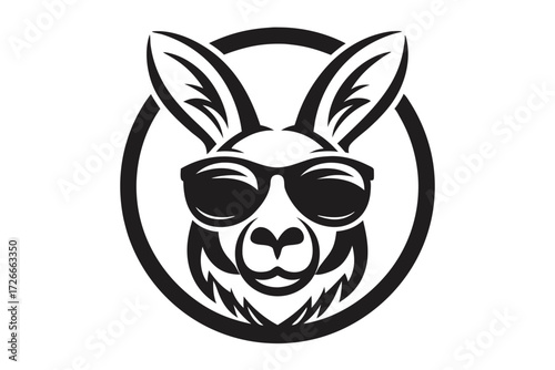 Stylized kangaroo face wearing sunglasses is framed by a circular outline in black