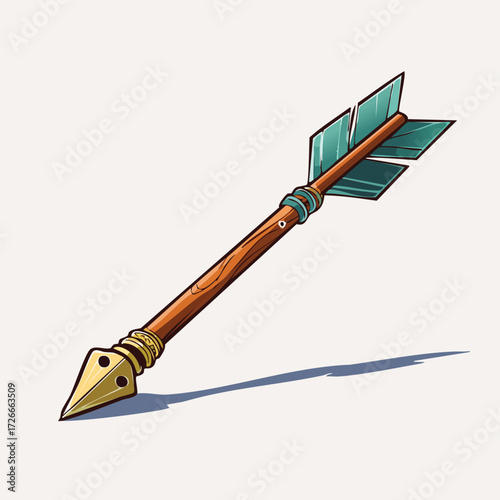 Fantasy wooden arrow with golden tip and teal fletching, casting a shadow on a light background, stylized illustration