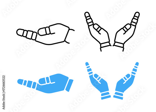 Robot hands icons, editable stroke and silhouette. Robotic hand sign, cyborg