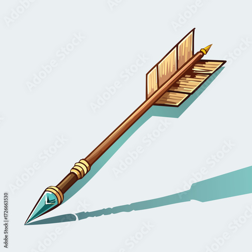 Stylized wooden arrow with detailed fletching and a sharp turquoise gemstone arrowhead isolated on a light background with a shadow