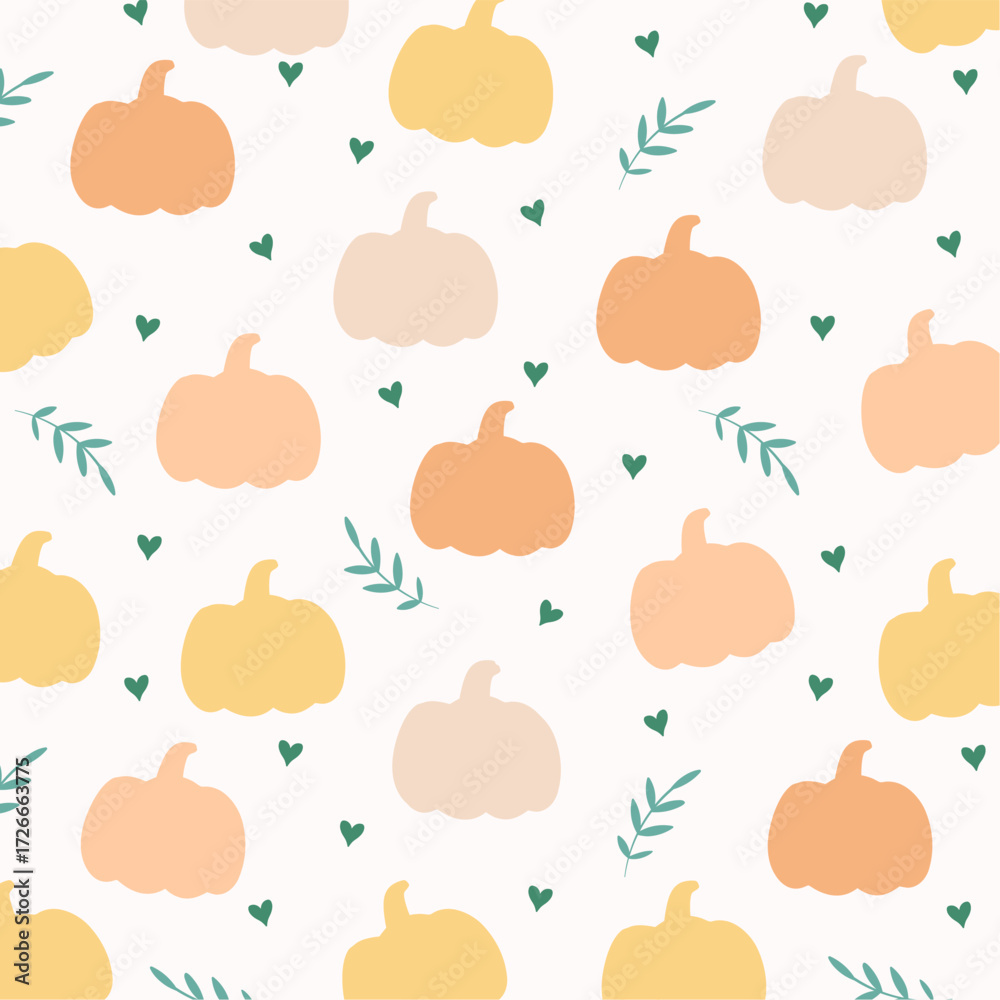 Fototapeta premium Autumn pastel seamless pattern with pumpkins, hearts and leaves. Vector illustration