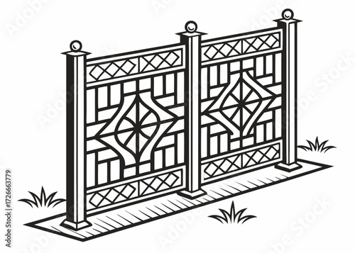 Illustration of a decorative metal fence with geometric patterns and grass around the base area created with generated ai