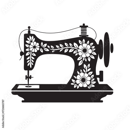 silhouette of vintage sewing machine with flowers decor, vector element