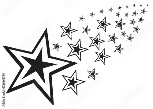 A cascading array of stars diminishing in size from left to right on a white background forming a trail created with generated ai