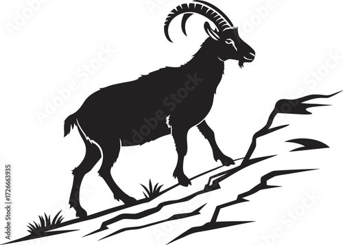 Silhouette of an ibex with large horns walking uphill on rocky terrain with tufts of grass present created with generated ai