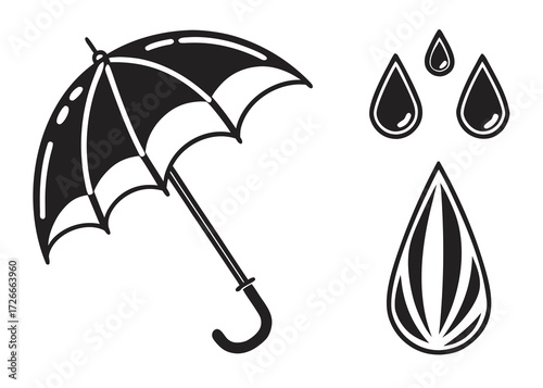 Illustration of a black umbrella with raindrops falling on a white background in vector format created with generated ai