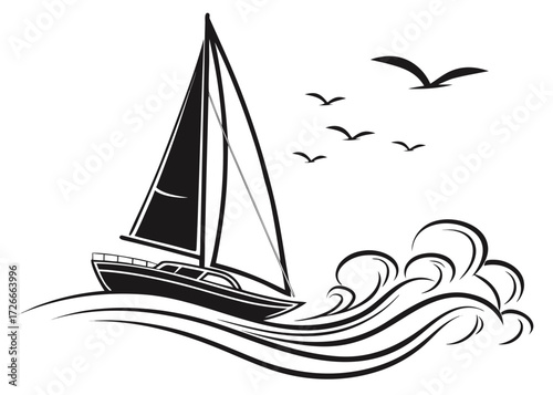 Illustration of a sailboat on wavy water with birds flying above in a monochrome black and white design created with generated ai