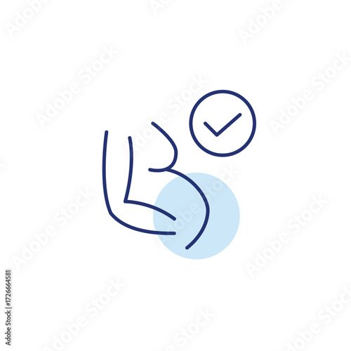 Pregnant woman and checkmark. Maternity checkup and healthcare. Pixel perfect, editable stroke vector icon
