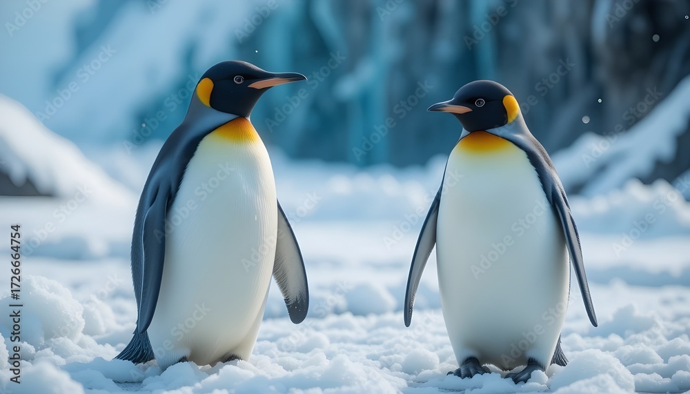 Fototapeta premium Two emperor penguins standing on a snowy landscape