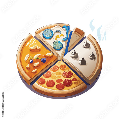 A whimsical illustrated pizza assortment with five unique slices, showcasing a creative variety of savory and sweet flavor combinations