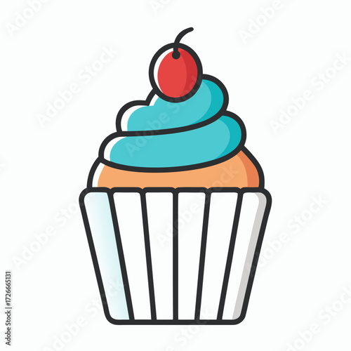 A single cupcake with light blue frosting and a cherry topping. The illustration captures the whimsical charm of a sweet treat. Generative AI