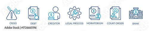 Bankruptcy Concept with vector icons. Bankruptcy is a legal process through which people or other entities who cannot repay debts to creditors may seek relief from some or all of their debts