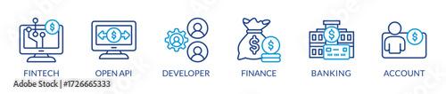open banking vector illustration banner with icons, symbols and keywords
