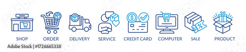 Banner online shopping vector illustration concept. Shop, order, delivery, service, credit card, computer, sale and product