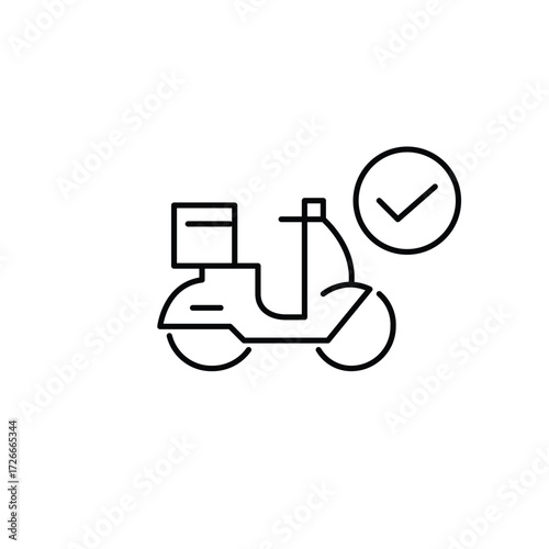 Delivery moped and checkmark. Verified shipment, trusted service. Pixel perfect, editable stroke vector icon