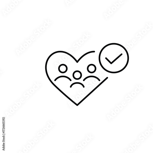 Family of three in heart and checkmark. Secure insurance, verified membership. Pixel perfect, editable stroke vector icon