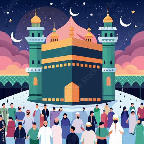 People Performing Hajj at the Kaaba – Masjid al-Haram Illustration