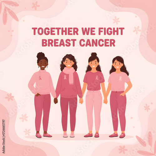 Together We Fight Breast Cancer – Diverse Group of Four Women Holding Hands, Wearing Pink for Awareness and Support